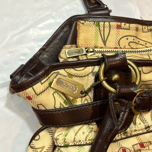 Coach BEIGE brown Tattersall Graffiti TOTE BAG PURSE 2 handles multi pockets 15” - Picture 14 of 16